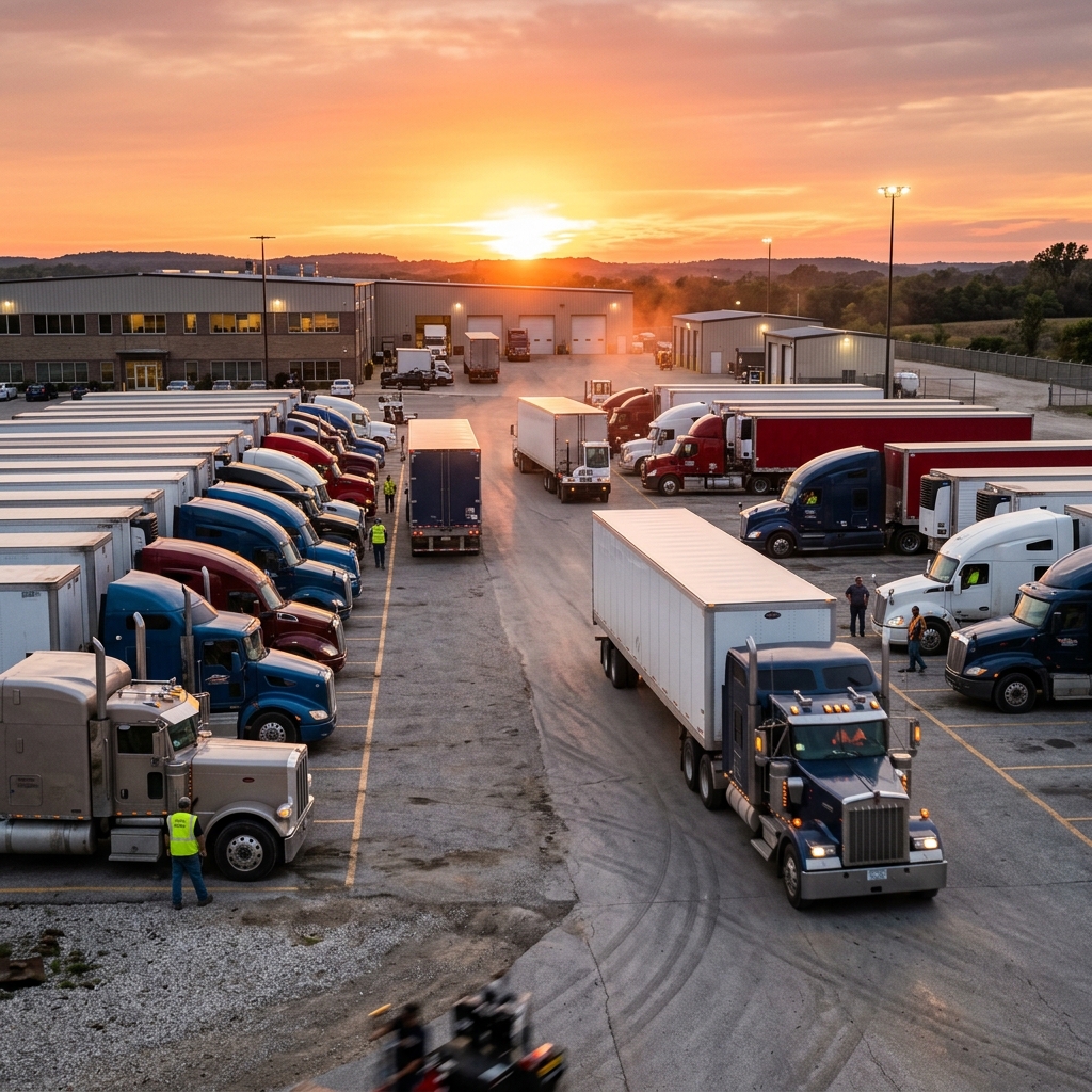 Truck yard at golden hour